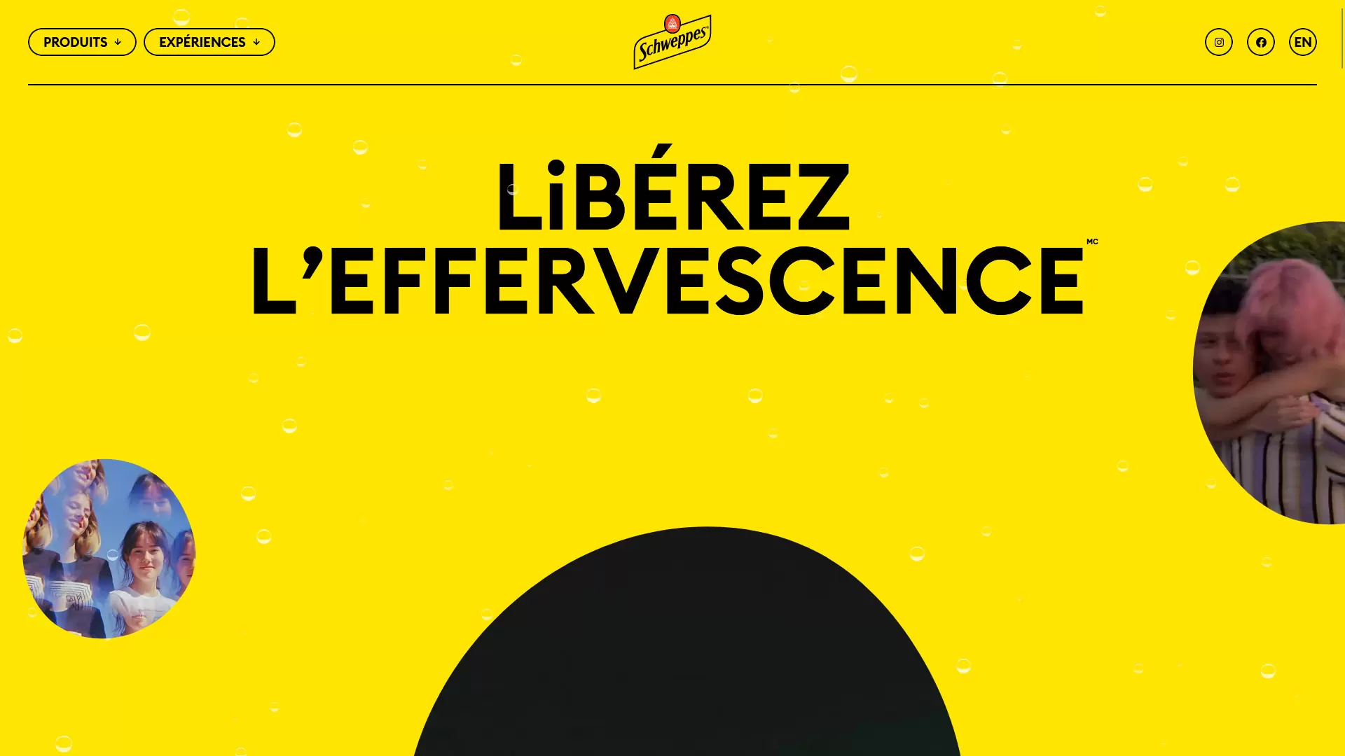 Visuel du site Schweppes Canada, site personnalisé où le design du site met en avant les couleurs pétillantes des produits.
