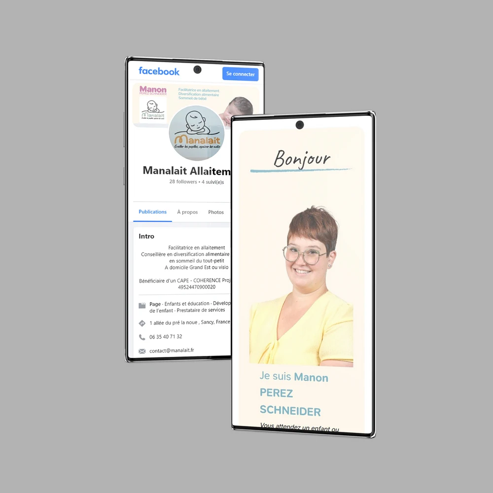 Vue de deux téléphone qui présentent le site de Manalait et une bannière de réseau social.