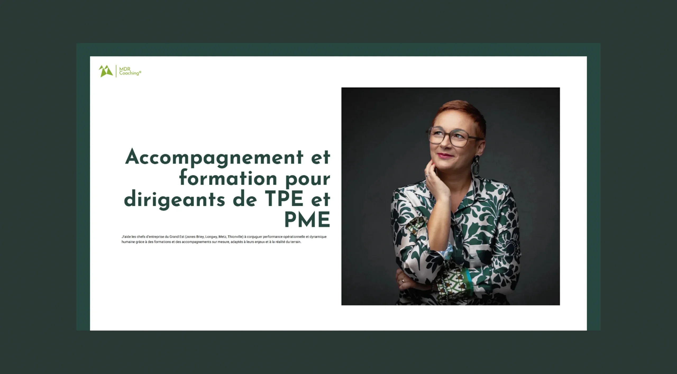 Vue du haut de la page d'accueil du site vitrine de MDR Coaching, créé par Kyoru.